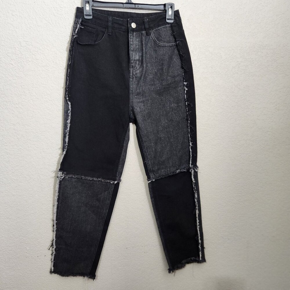 Two-Tone High-Waisted Distressed Denim Jeans With Frayed Hems Small Boho